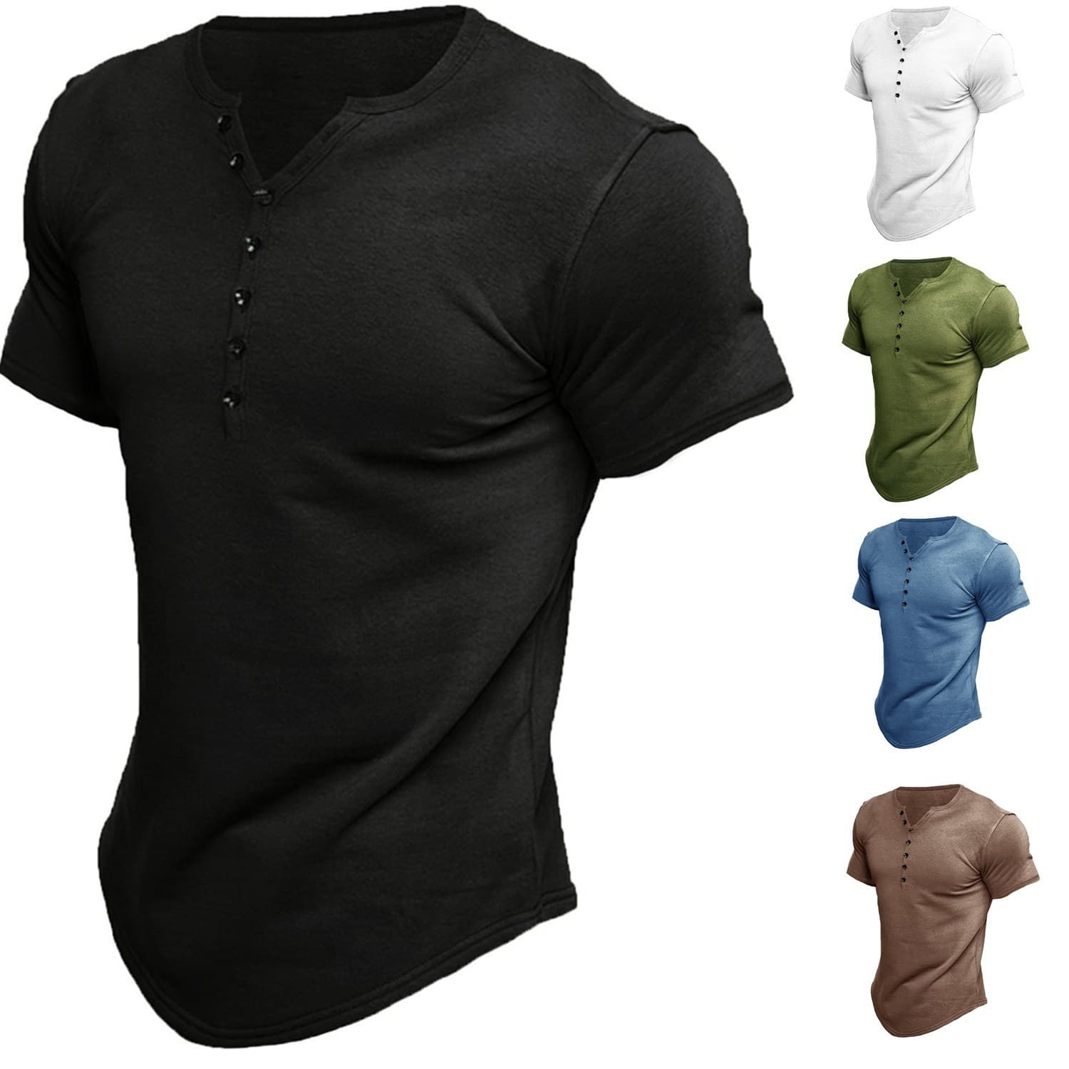 Cross-border Summer New Foreign Trade, European And American Men's Henry Shirt Short-sleeved Men's Solid Color Button-down T-shirt Top