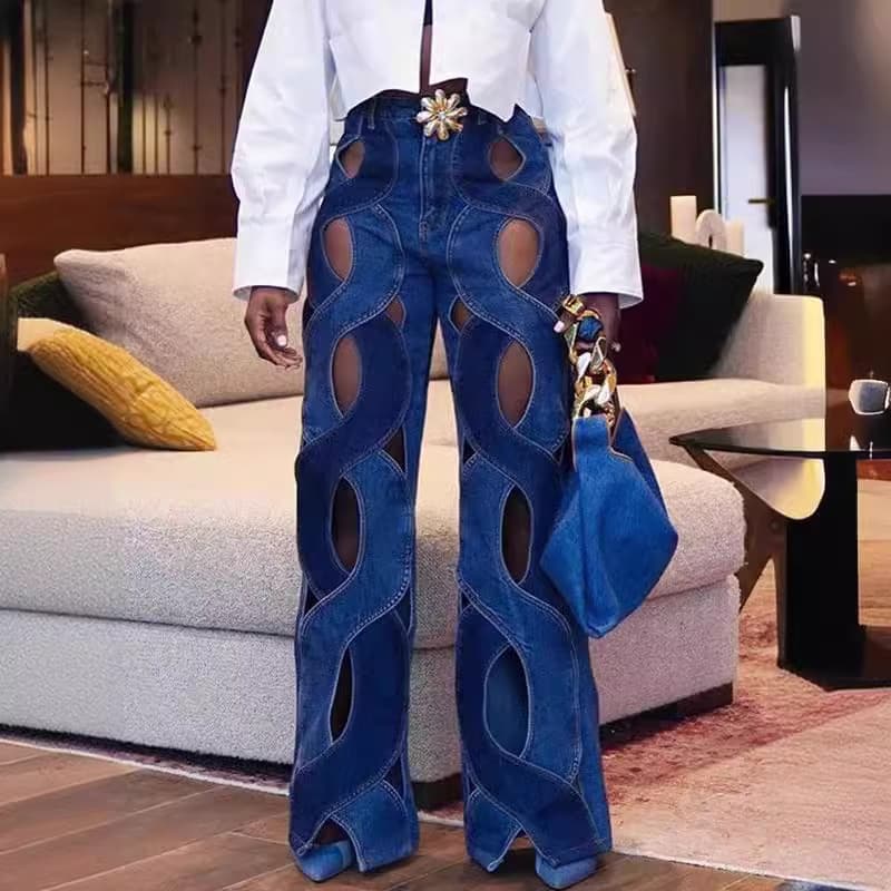 Women's Clothing Summer Casual Style Straight Tube Slim Twist Hollow Metal Button Jeans