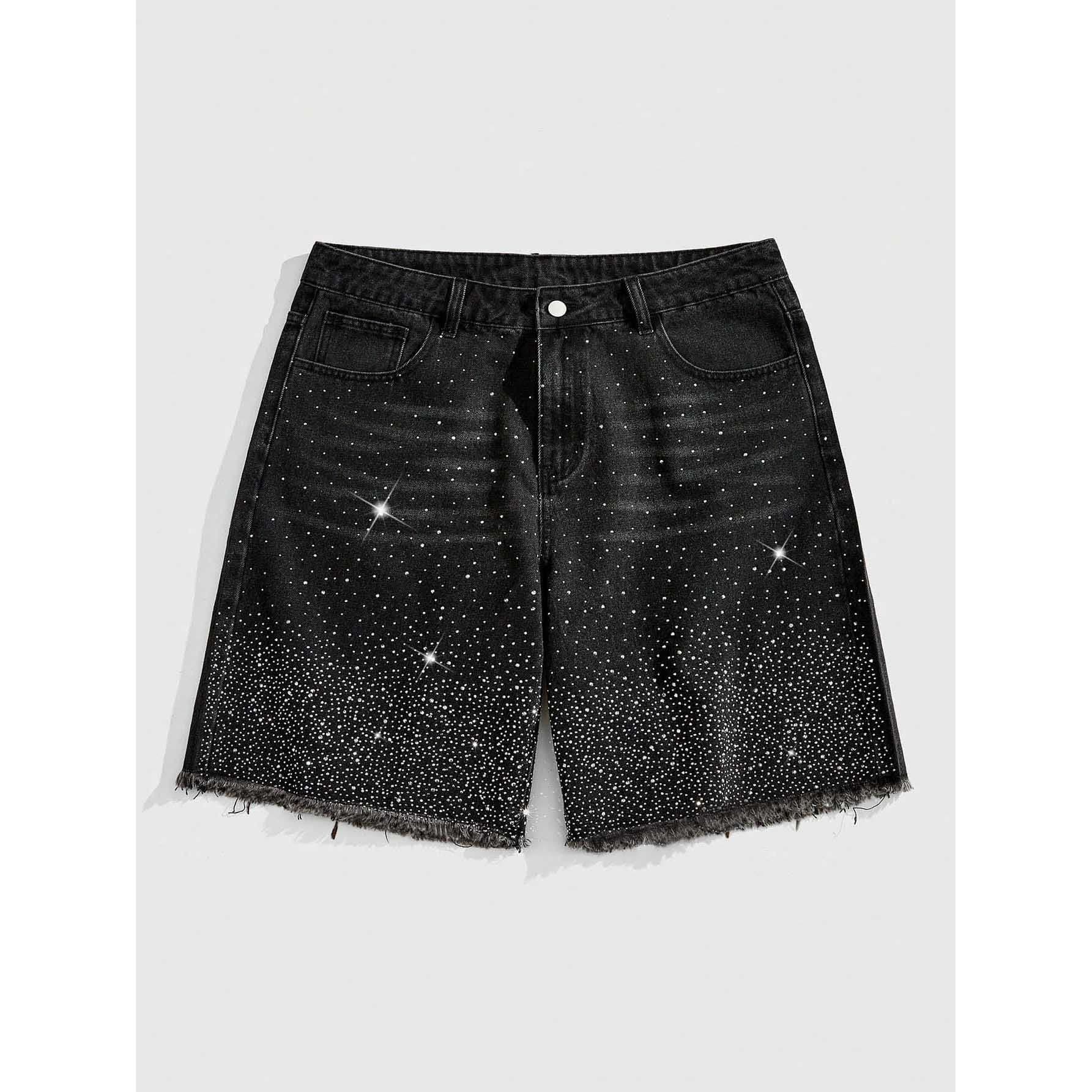Men's European Fit Denim Shorts - Distressed Hem With Rhinestone Detail Summer Casual Cargo Shorts​