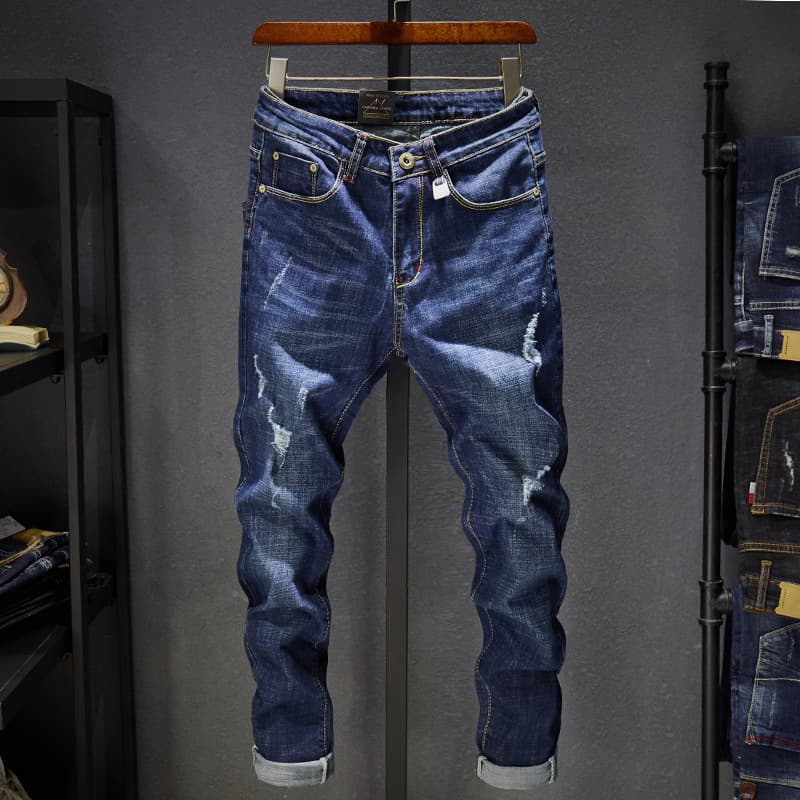 Trendy Cross-Border Elasticity Jeans New Season Men's Hole Fashion Korean Style Casual Slims Smooth Your Silhouette Small Foot Denim Pants