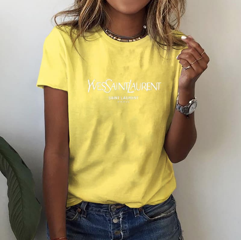 T-shirt imprimé décontracté à manches courtes YSL pour femme, style streetwear.