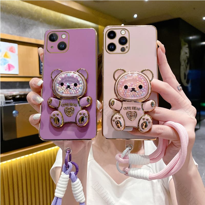 Cute Bear Wrist Strap Phone Holder Case For iPhone 15 11 14 12 13 Pro Mini 8 7 6 Plus X Xr Xs Max apple13 15pro Stand