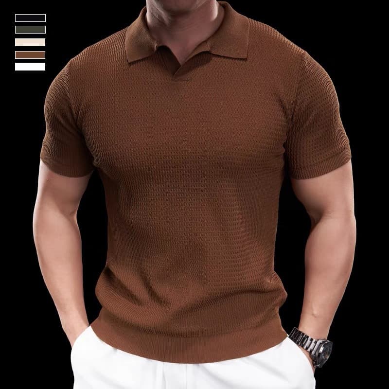Men's Short Sleeve Knit Polo Shirt - Breathable Textured Cotton Blend Slim Fit Casual Top For Summer​