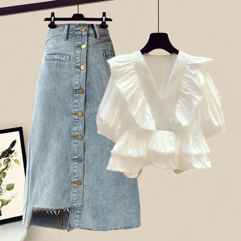 Plus Size Women's Summer Outfit Set: V-Neck Blouse & High-Waist Denim Skirt For Curvy Ladies