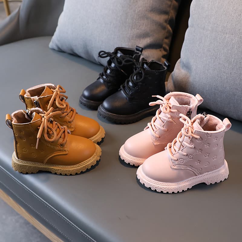 Mother & Kids Winter High-top Children's Martin Boots Boys' Plus Velvet Warm Leather Boots Girls' Cotton Boots Solid Color Simple Children's Shoes