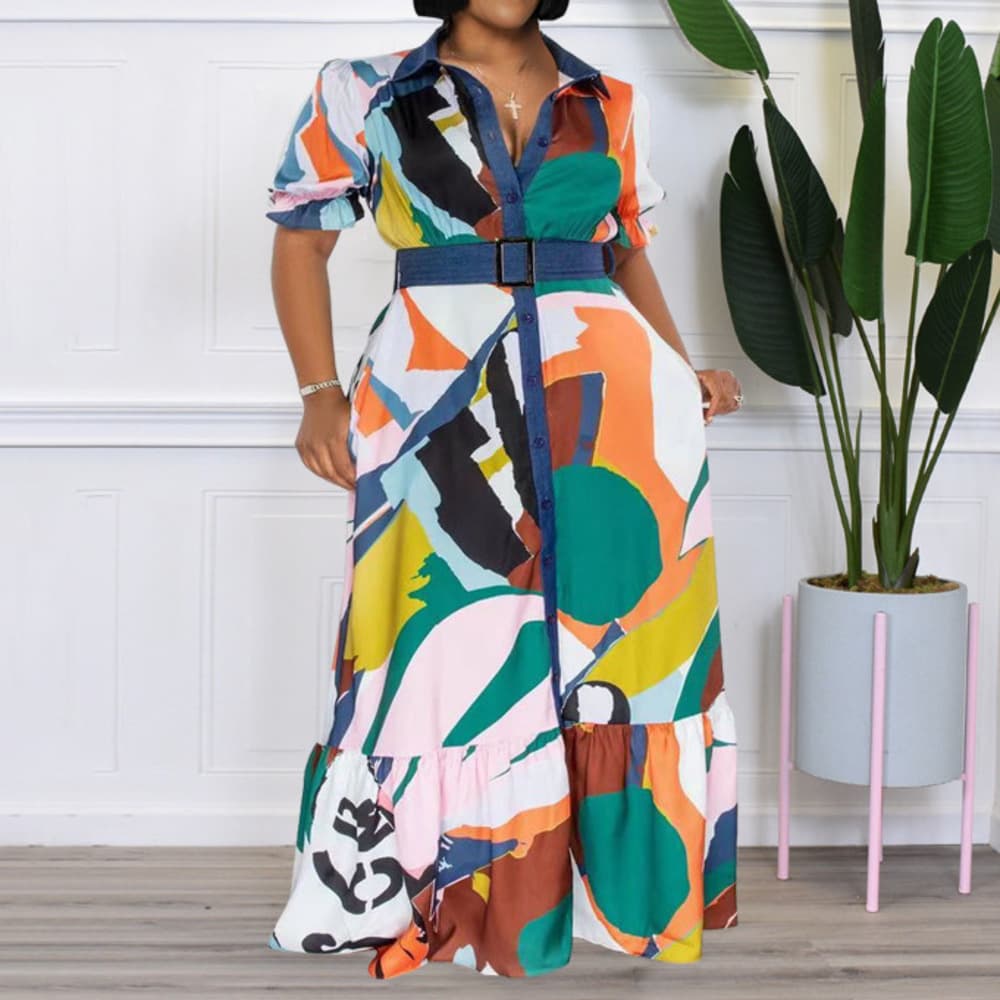 22297 Summer New Colorful Print With Belt Loose Women's Plus Size Dresses