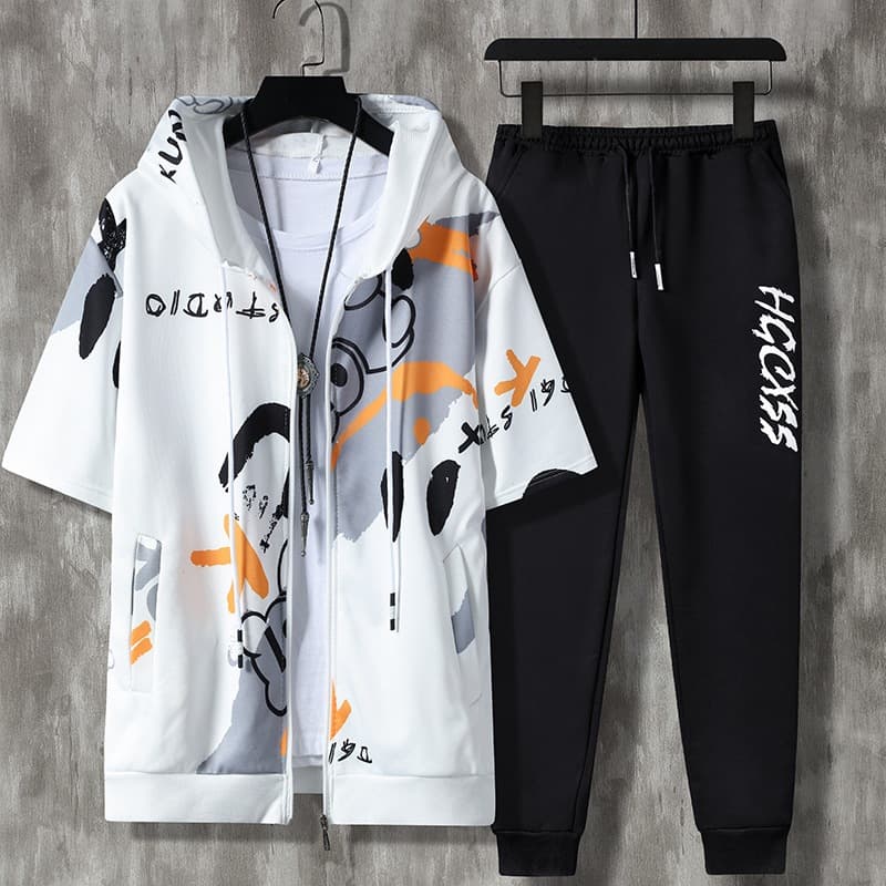 Spring And Summer Zipper Suit Trendy Casual Versatile Handsome Short-sleeved Korean Version Of Men's Teenagers Loose Hooded Casual Sportswear