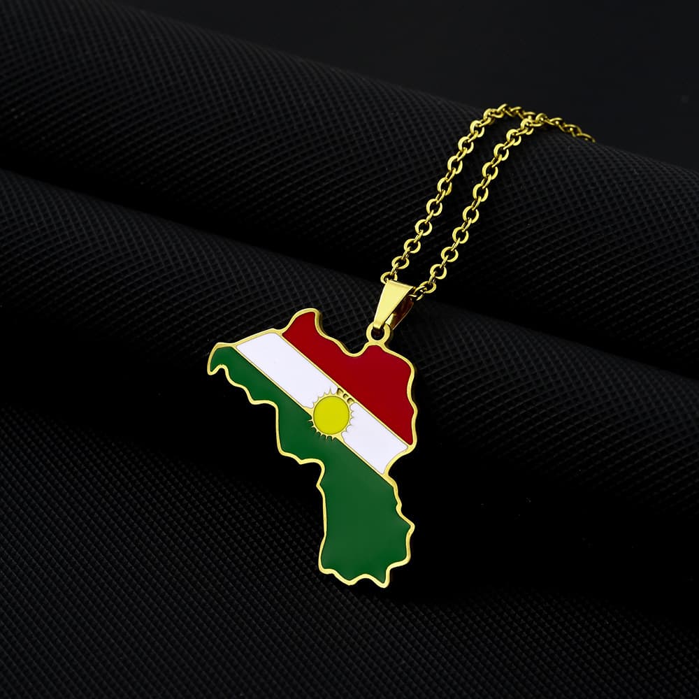 Collier avec pendentif carte du Kurdistan en forme de goutte d'huile, style rétro, en acier inoxydable, pour hommes et femmes