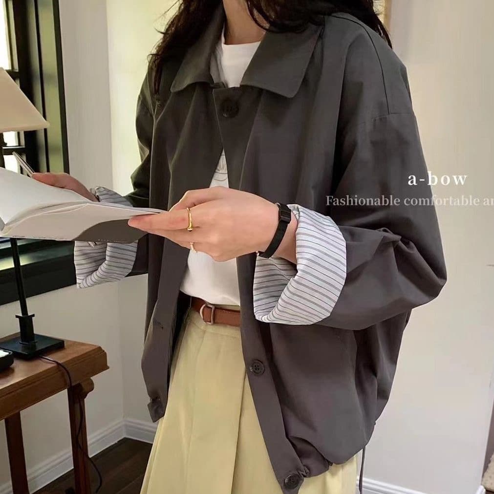 New Korean Style Sleeveless Trench Coat - Women's Lightweight Polo Collar Jacket, Oversized Fit, Spring Casual Outerwear In Dark Grey & Light Khaki