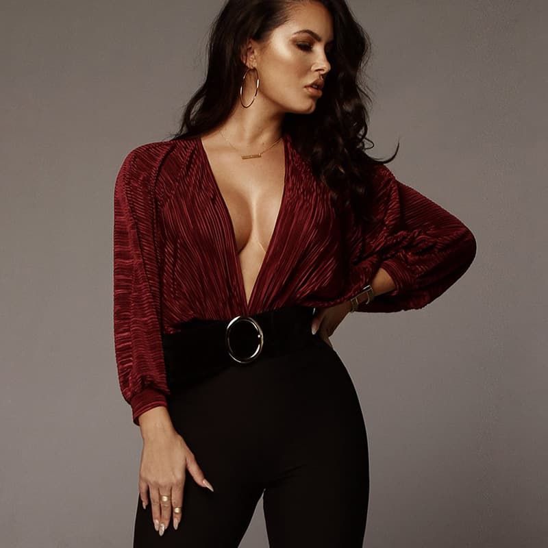 Women's pleated loose V-neck long-sleeved jumpsuit spring and summer