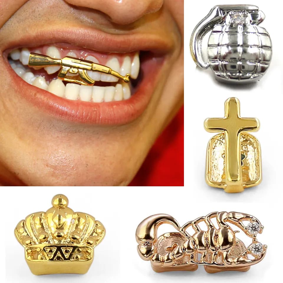 Gold Single Teeth Grillz Braces Punk Hip Hop Crown Cross Gun Dental Mouth Vampire Fang Grills Tooth Cap Cosplay Costume