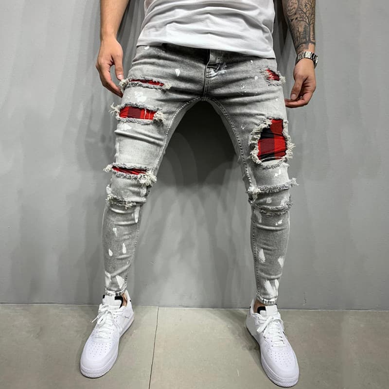 Vêtements pour hommes Jeans pour hommes personnalité déchiré Patch imprimé petit pied jean