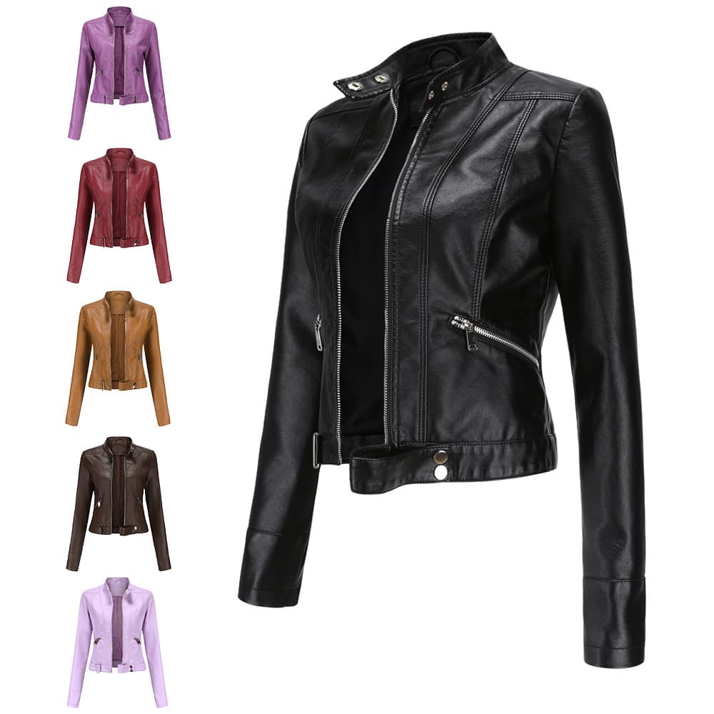 Women's short small jacket Spring and autumn stand collar women's leather jacket