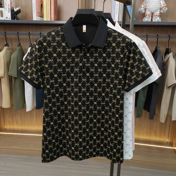 Men's Trendy Short Sleeve Printed Polo Shirt Summer Breathable Sweat Wicking Casual Loose Fitting T-Shirt Polyester Top