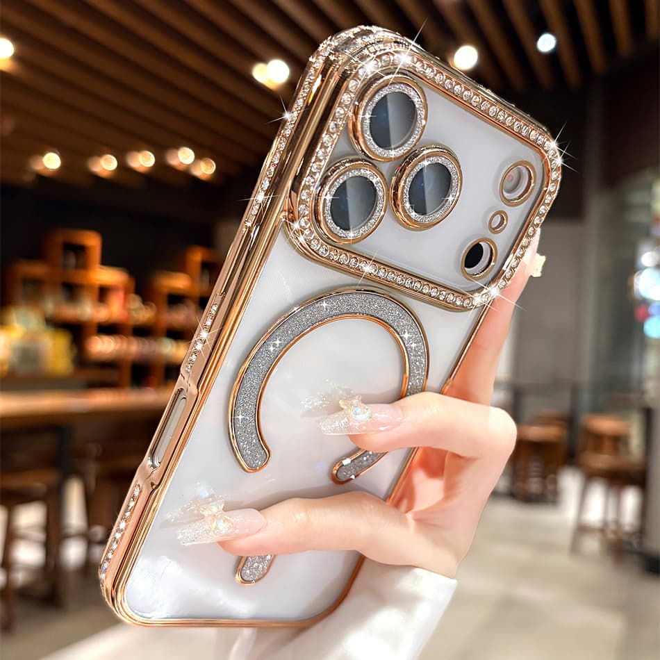 Coque magnétique transparente orange de luxe avec diamants scintillants pour iPhone 17, 16, 15, 14, 13 ProMax, 17Air, couverture complète de l'obje