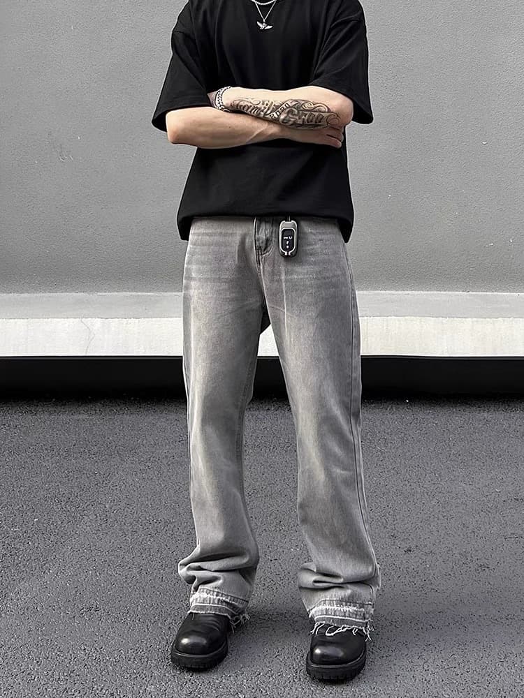 Men's Clothing High Street Washed Gray Straight Tube Slightly Flared Cleanfit Pants Trendy