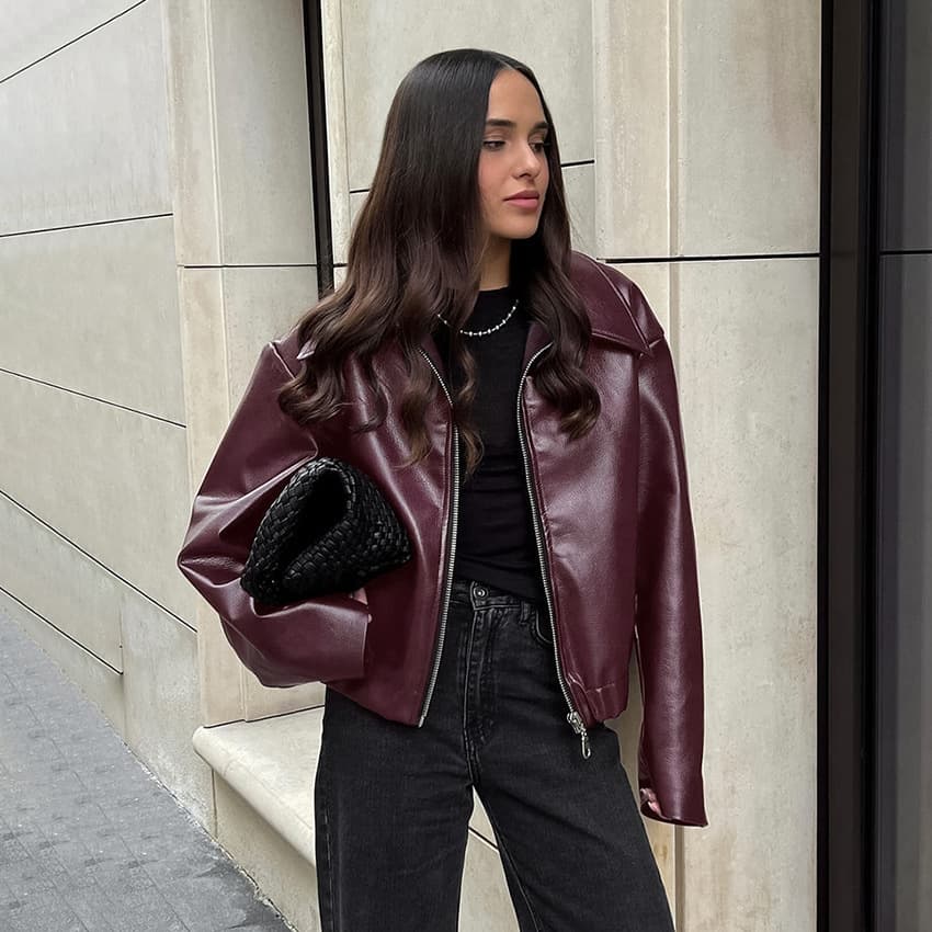 Women's Clothing Retro motorcycle style wine red leather jacket for women 2024 autumn handsome matte leather jacket coat