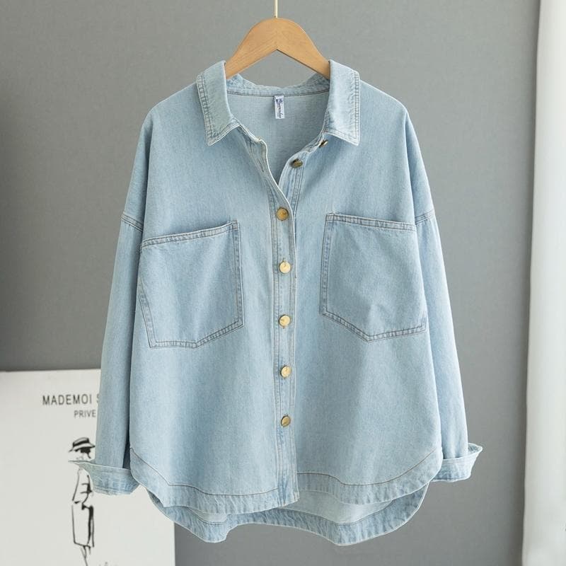 ​Women's Oversized Denim Shirt - Relaxed Fit Long Sleeve Button-Down Top With Pocket, Casual & Chic (Light Blue)​