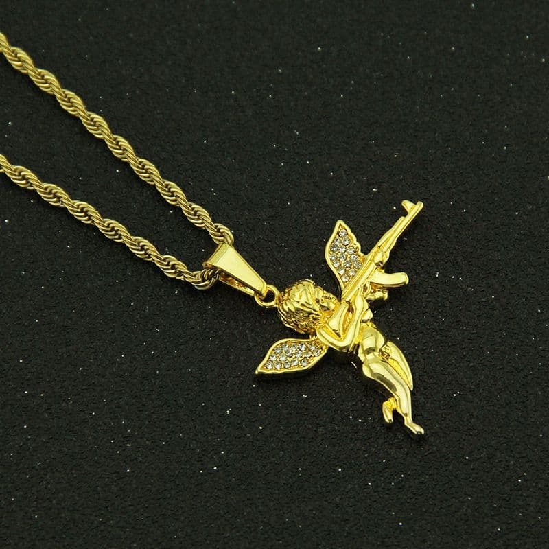 Designer Style Revenge Diamond Necklace Men's Angel Gun Accessories Pendant Jewelry