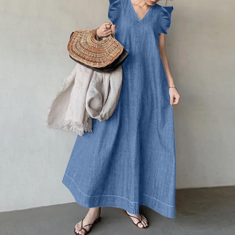 [Cotton Linen] Women's Clothing Summer New Simple Women's Clothing Literary Denim Long Skirt Back Tie V-neck Dress