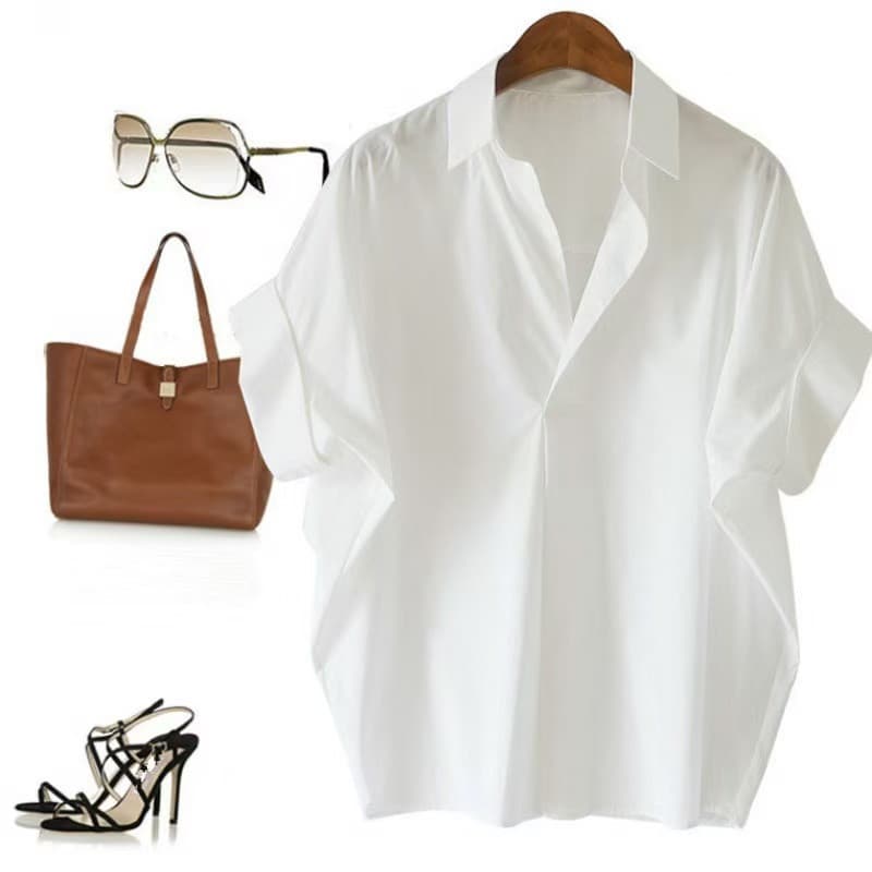 Women's Retro Hong Kong Style Short Sleeve Shirt Loose Batwing Sleeve Collar Top Summer Fashion White All Match