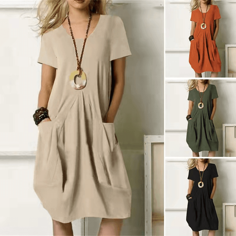 Women's Clothing Summer New Cotton Linen Solid Color Loose Round Neck Short Sleeve Dress