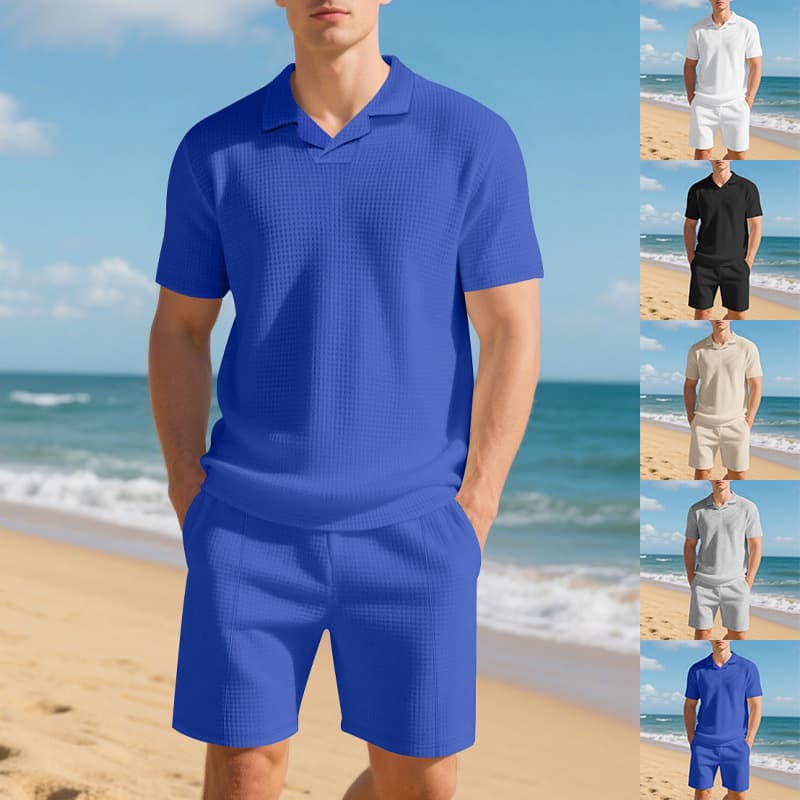 Men's Clothing Loose Summer Burke Collar Waffle Polo Shirt Casual Short Sleeved Shorts Suit
