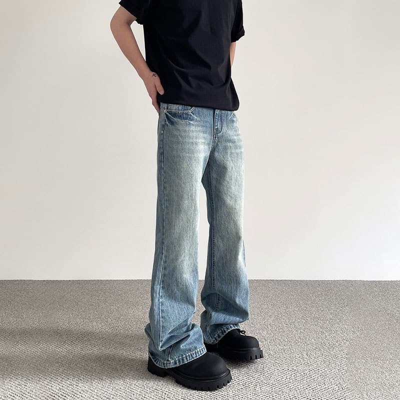 Men's Clothing High Street Cleanfit Jeans Distressed Washed Cleanfit Jeans For Men - Vintage Straight Leg Bootcut Denim Pants With Multi-Pocket Design