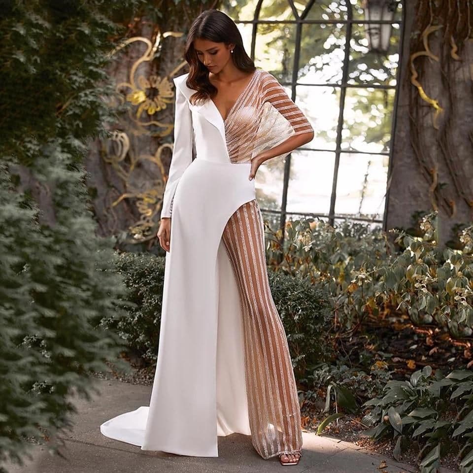 Elegant V-Neck Lace Jumpsuit – Asymmetrical Hem, Long Sleeve (S-XXXL, White, Polyester)