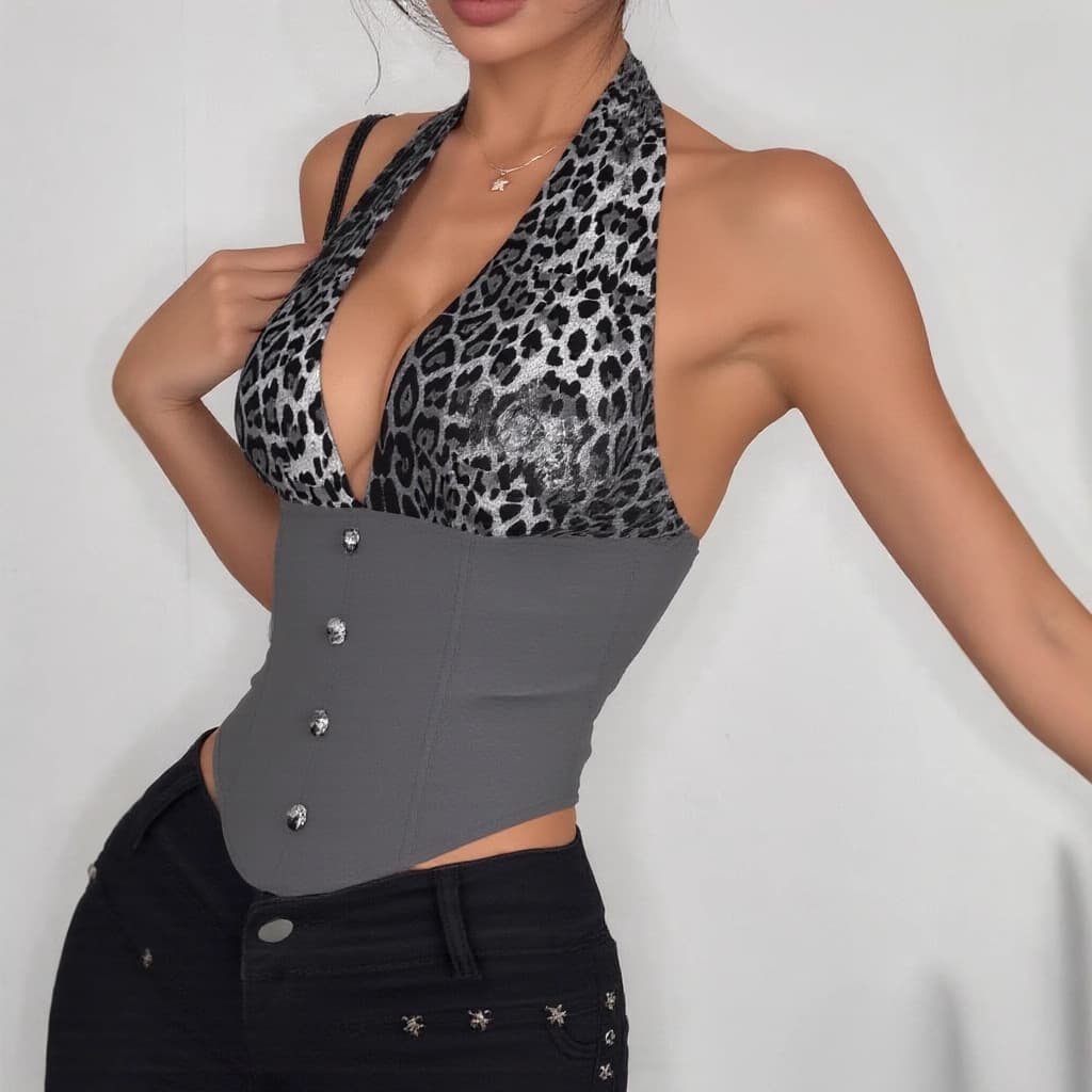Deep V Corset Bustier Top – Sexy Strapless Lace-Up Vest With Leopard Print Trim, S/M/L, Black/Grey/Burgundy