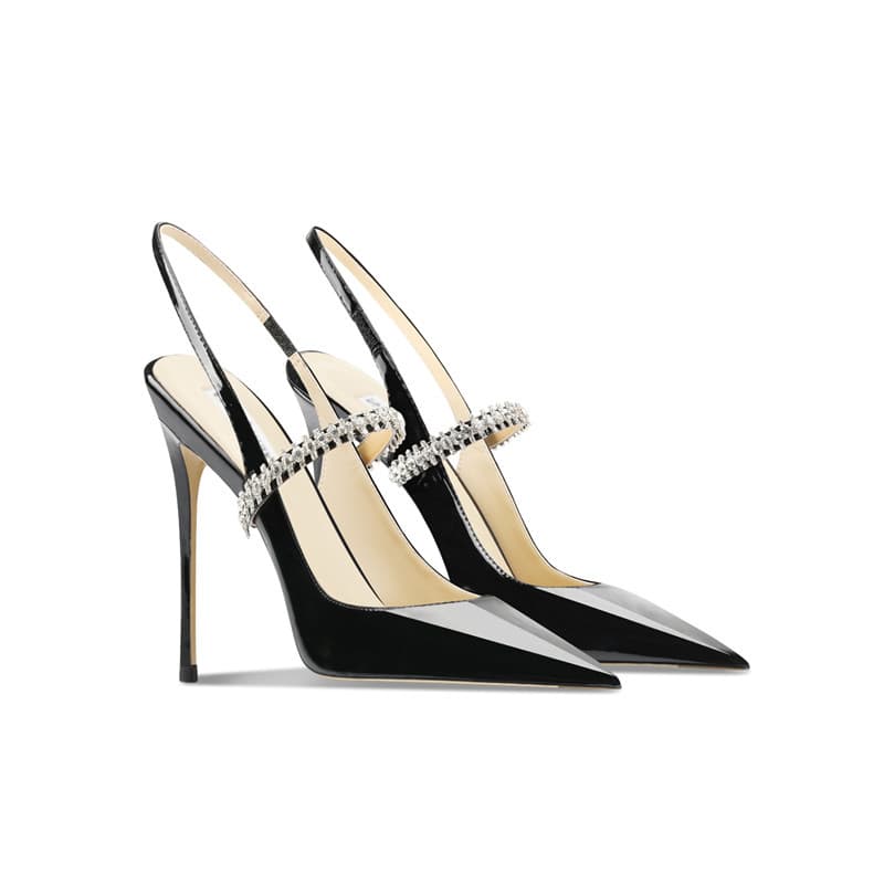 Women's Shoes Genuine Leather Rhinestone High Heels Stilettos Fashionable And Versatile Back Opening Closed Toe Single Strap Sexy Sandals