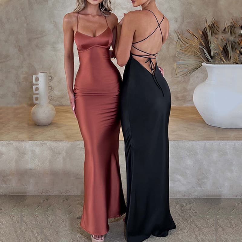 Women's cross-border sexy strappy satin dress fall new fashion backless strappy waistband long skirt