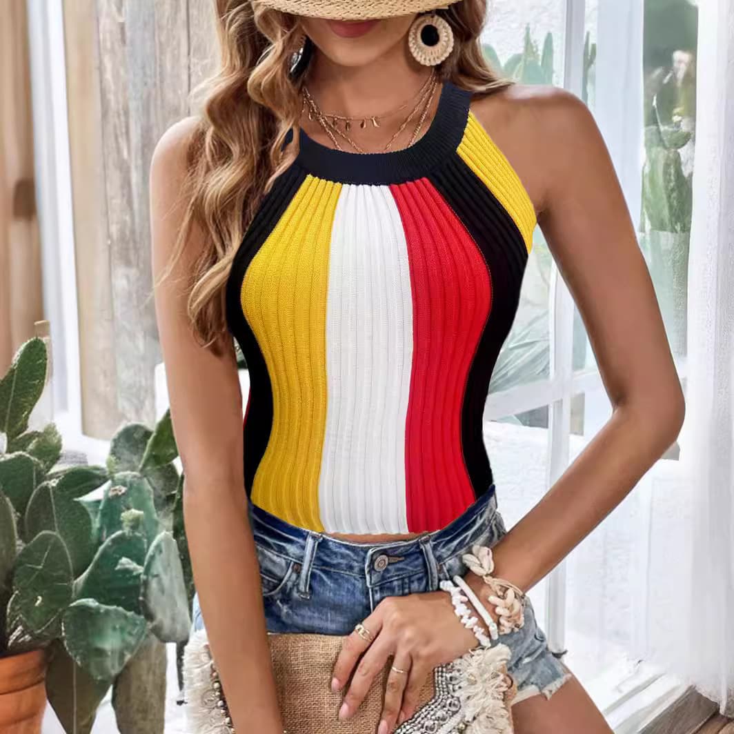 women's clothing color matching striped knitted top vest