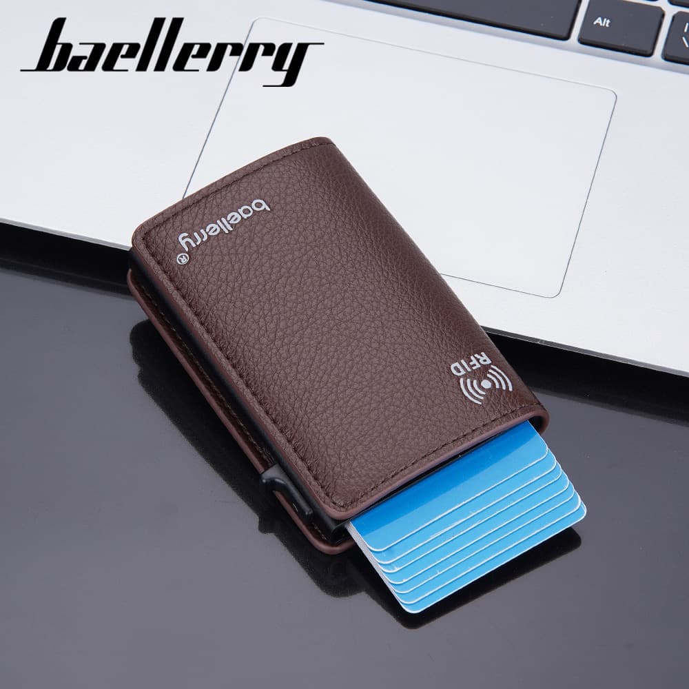 Baellerry New Men's Card Case Lychee RFID Anti-magnetic Side Push Pop Card Holder Metal Aluminum Box
