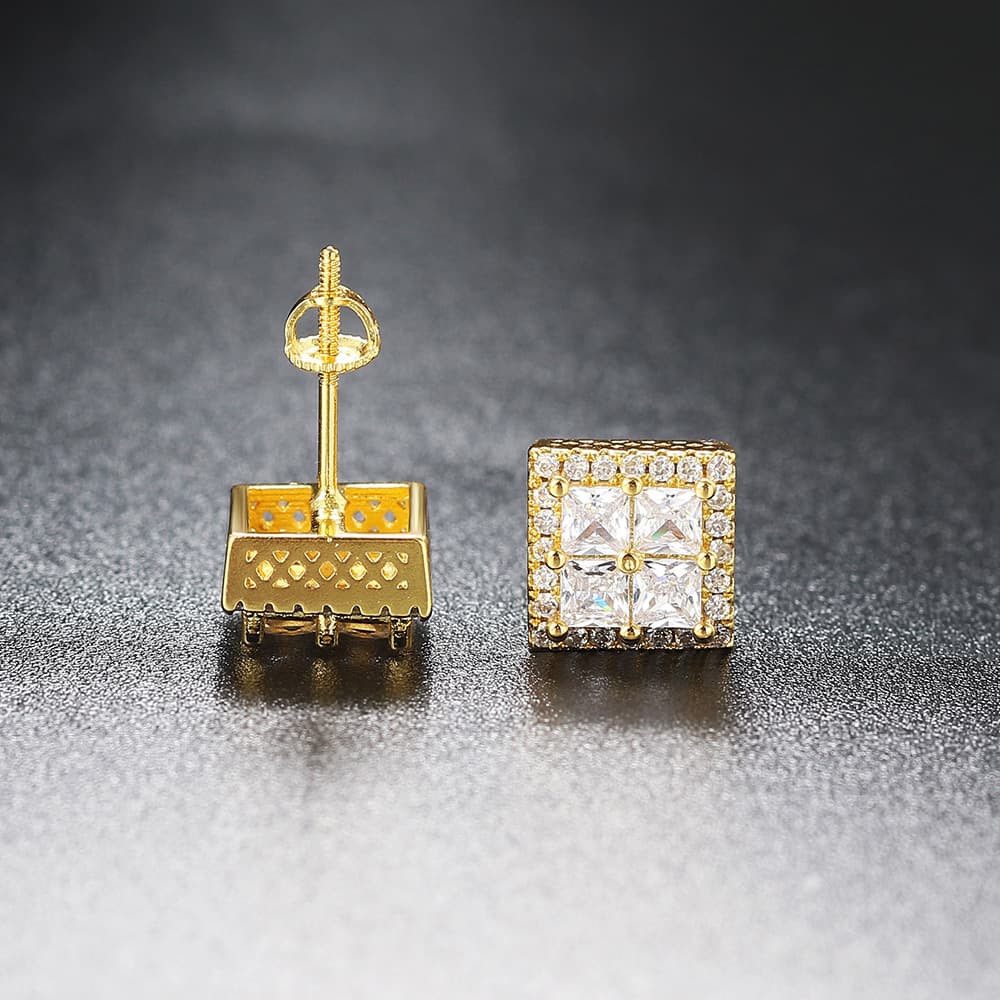 Unisex hot selling hip hop zircon thread earrings men and women three dimensional square full diamond gold plated earrings earrings