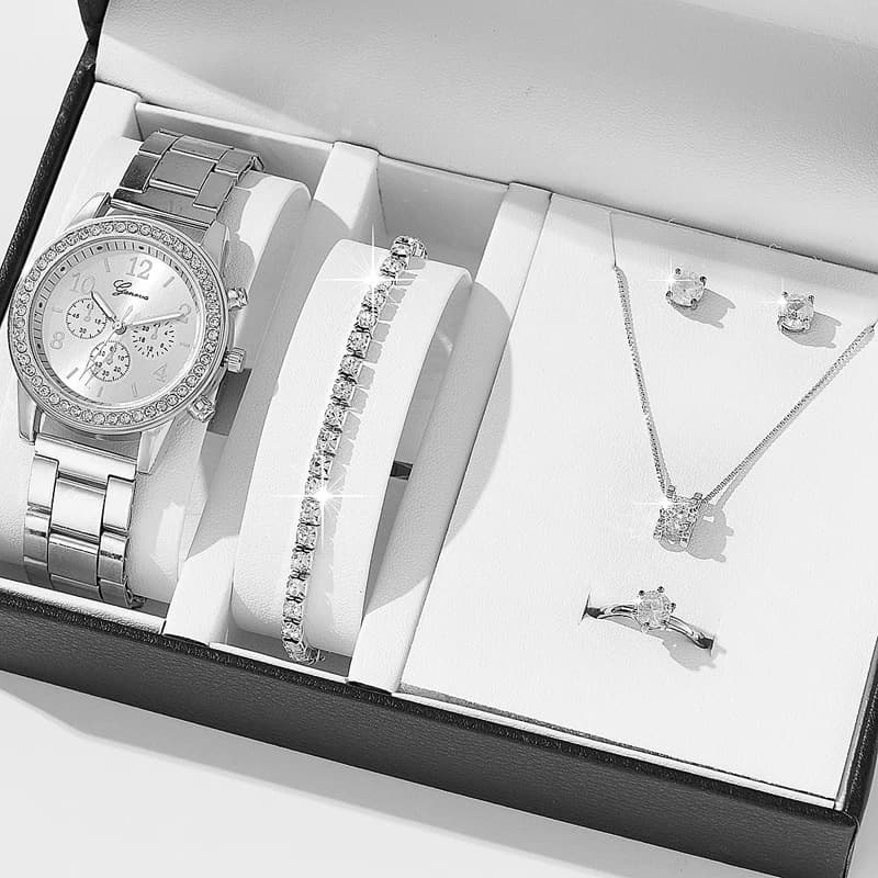 Hot sale 5pcs/set steel belt women's watch three-eye ladies casual quartz watch + jewelry gift box