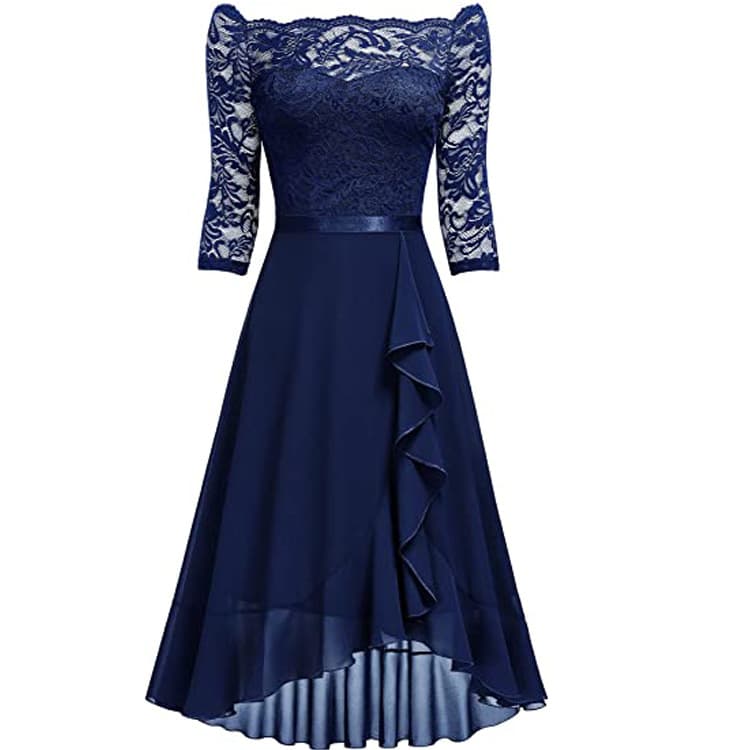 Women's new mid-length skirt one-shoulder mid-sleeve sexy lace chiffon dress