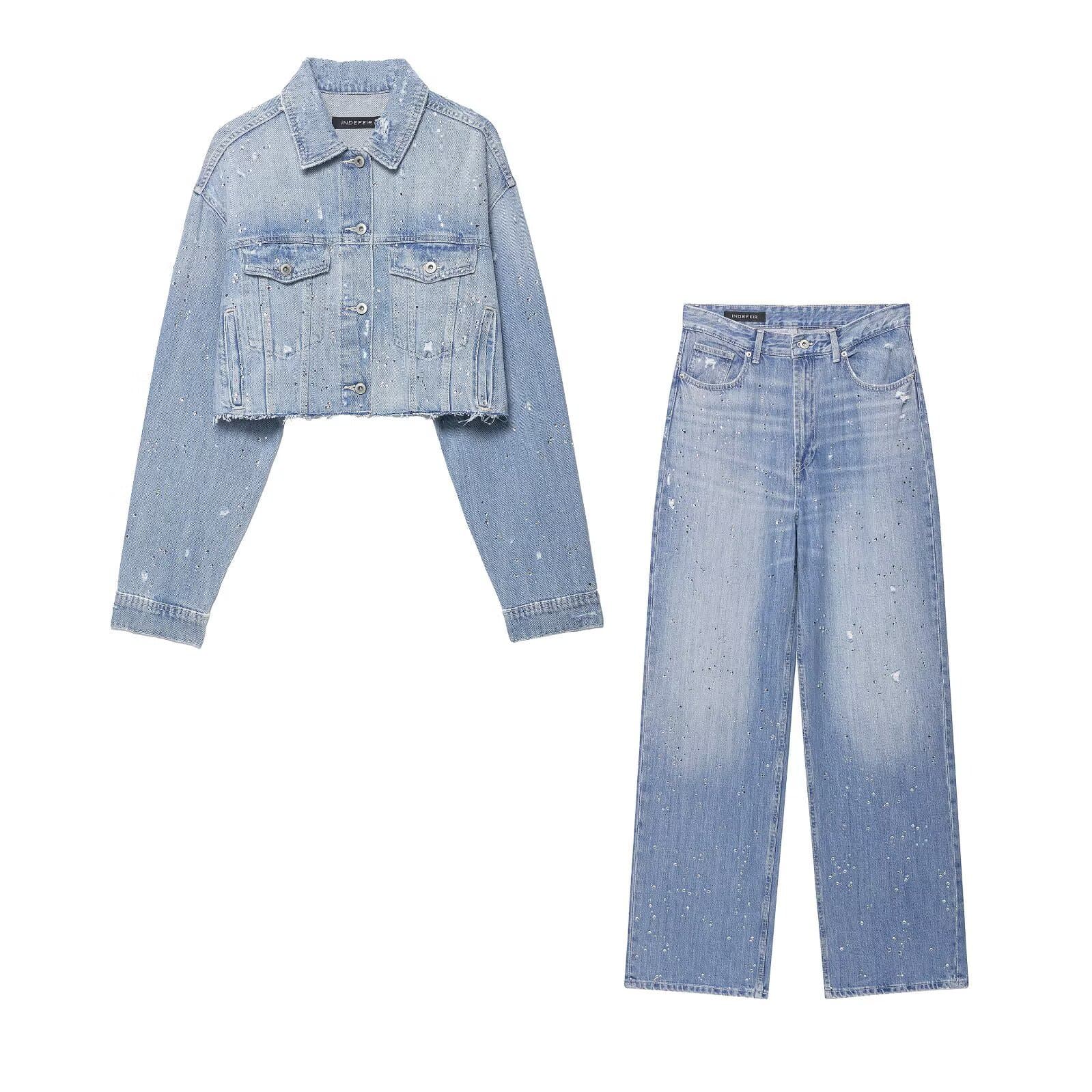 Glitter Denim Jacket & High-Waist Straight Leg Pants Set – Women's Rhinestone Embellished Casual Outfit For Urban Style