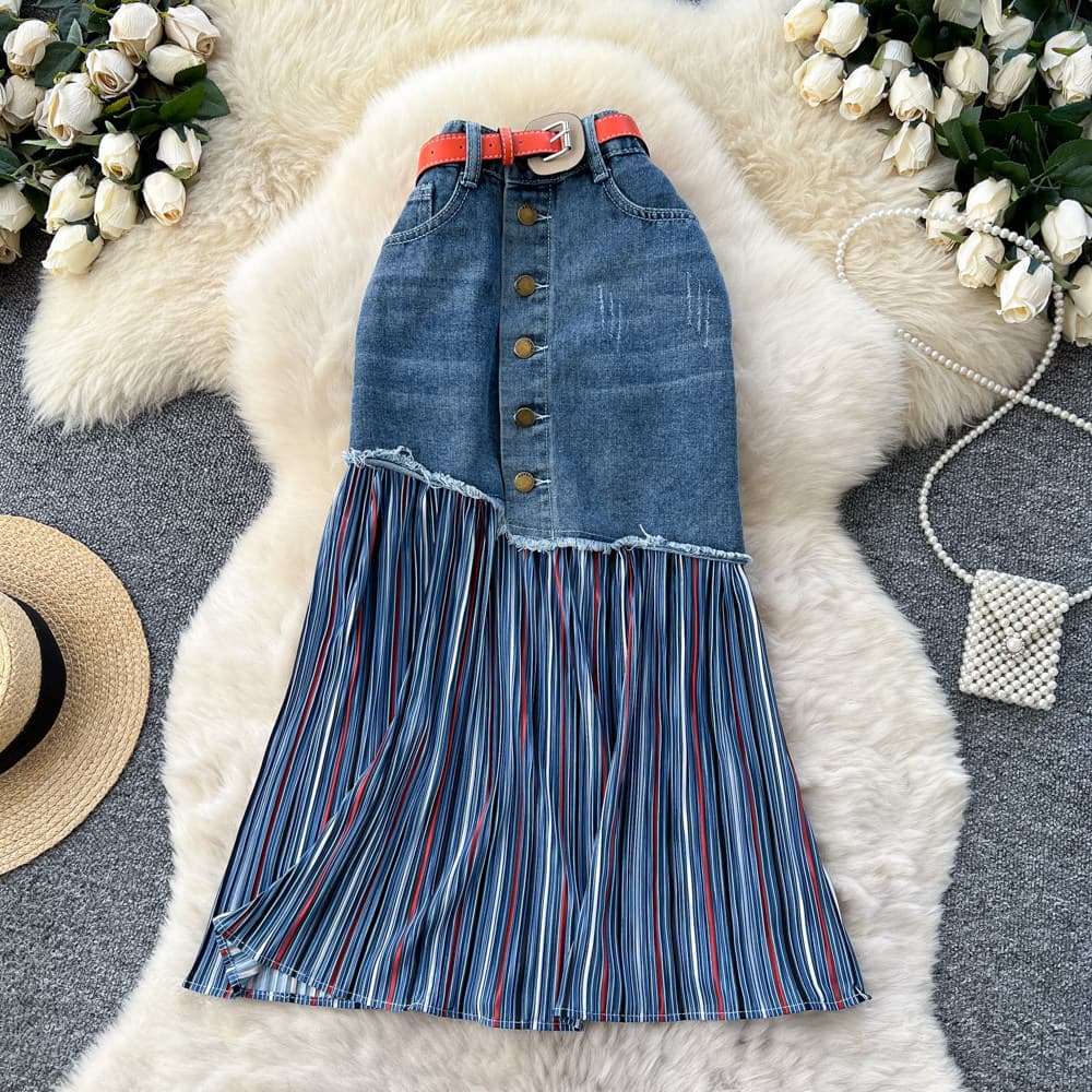 Korean Style Contrast-Color Denim A-Line Skirt – High Waisted Stretch Midi Skirt With Stripe Accents, Slimming Office & Casual Wear