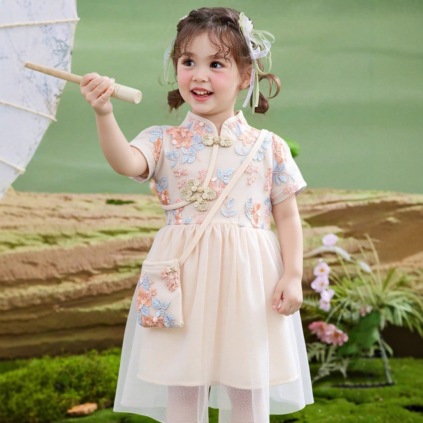 2025 Cross Border Girls Summer Dress Chinese Style Embroidered Mesh Princess Dress + Bag Two Piece Set
