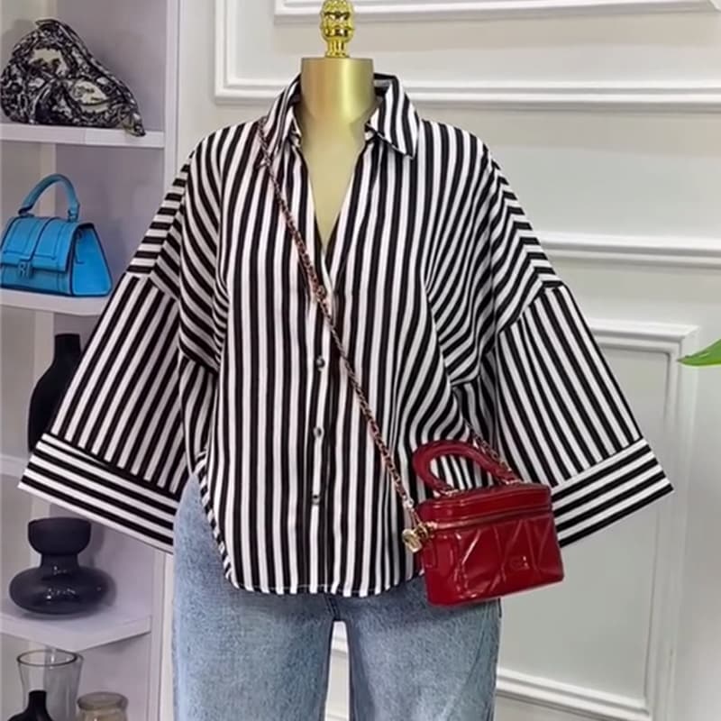 Women's Loose Fit Striped Collar Shirt Top - Sweet & Fashionable Casual Blouse For Autumn