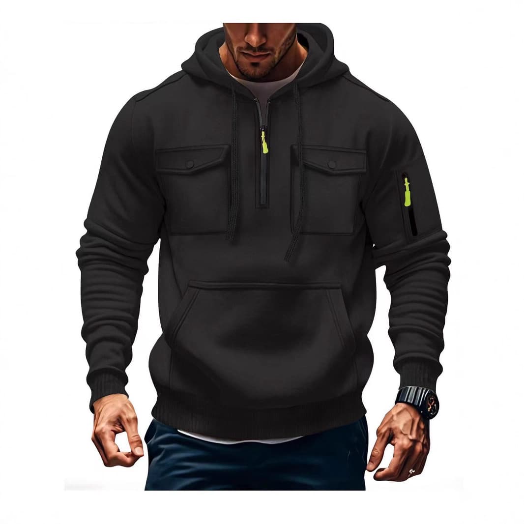 Autumn And Winter Men's Sweatshirt Multi Pocket Hooded Long Sleeved Plus Velvet Jacket Tops Casual Sports