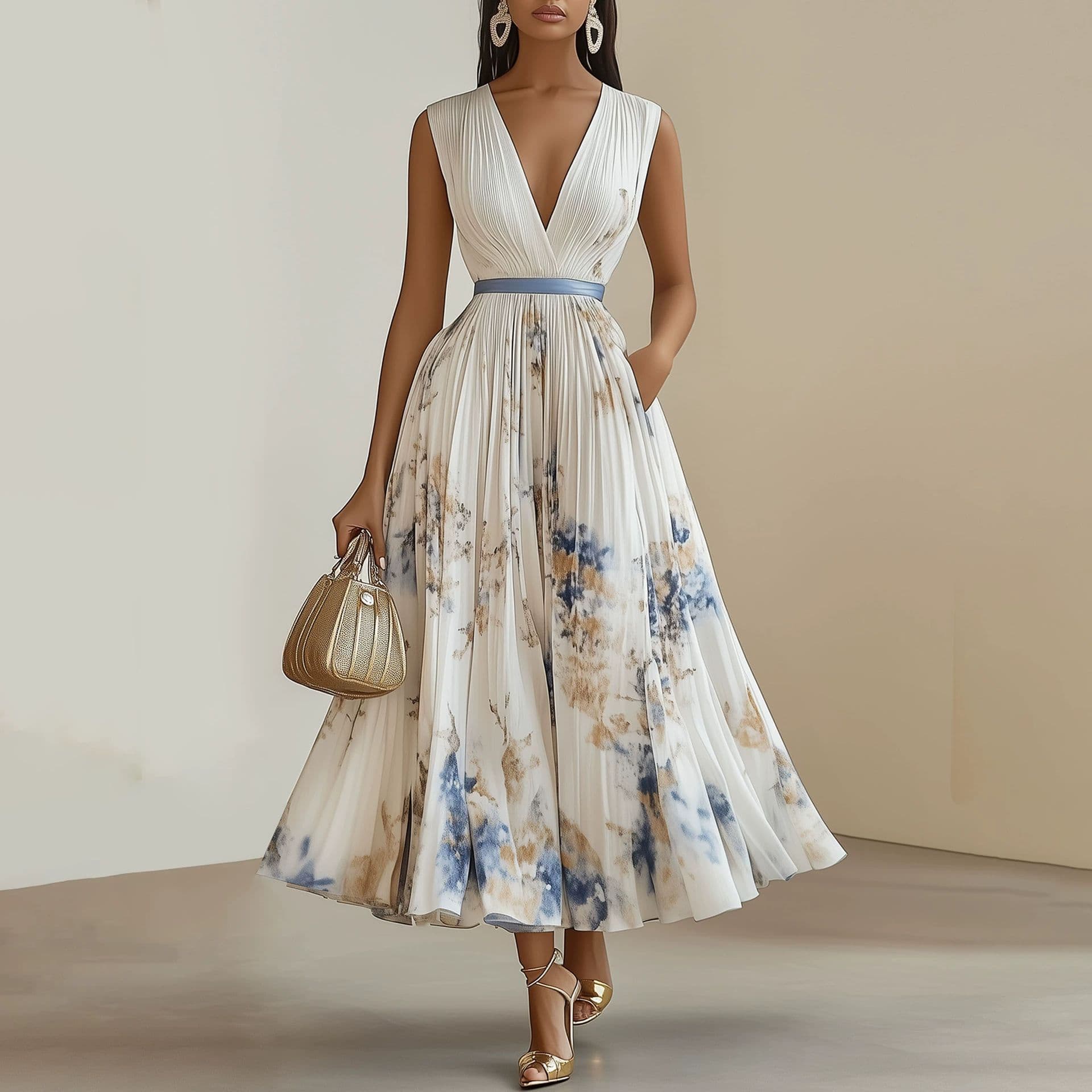 Women's Clothing Digital Printing V Neck Sleeveless Pleated Dress Long Skirt
