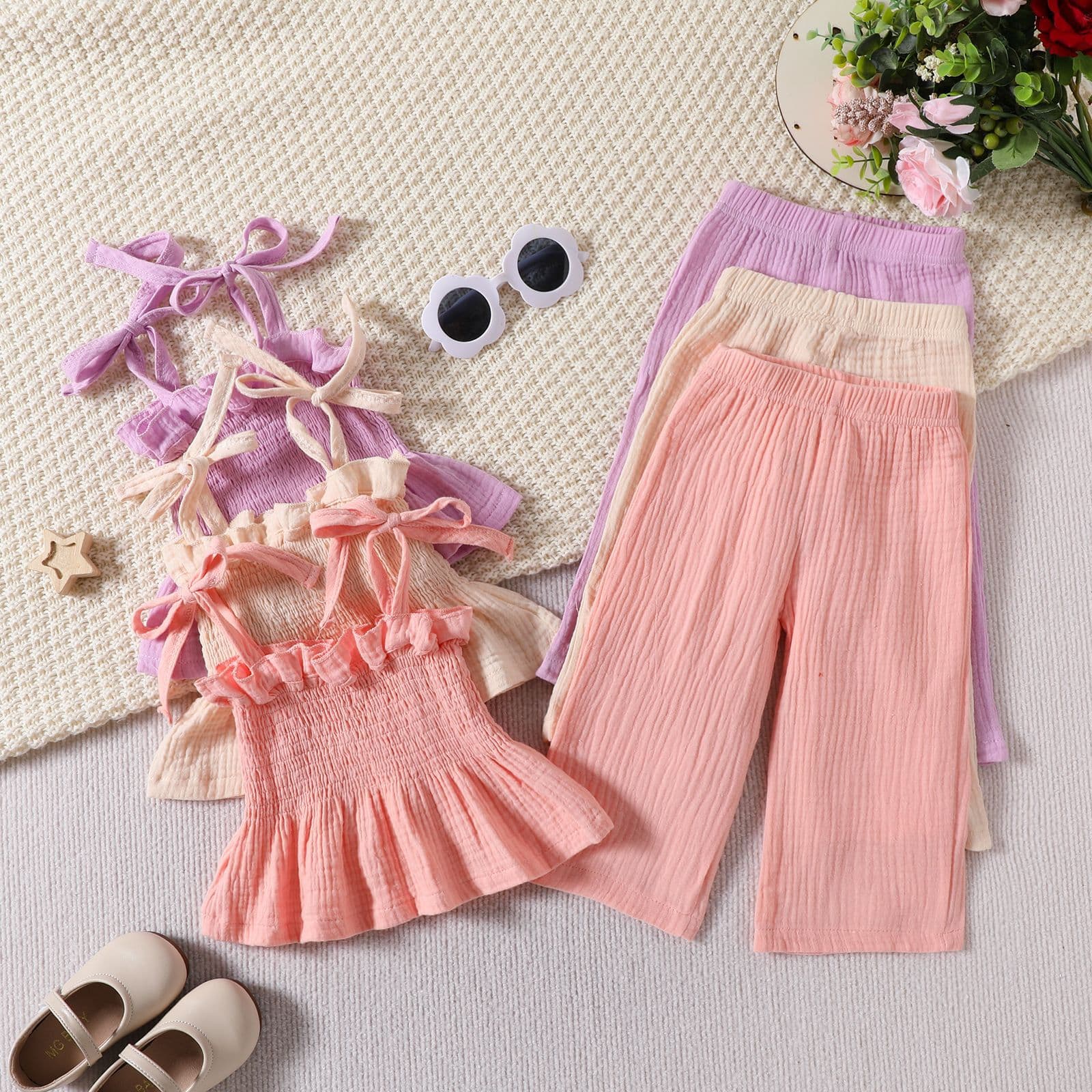 Mother&Kids Summer baby and girl lace lace strap shoulder top solid color straight leg pants hipster two-piece set