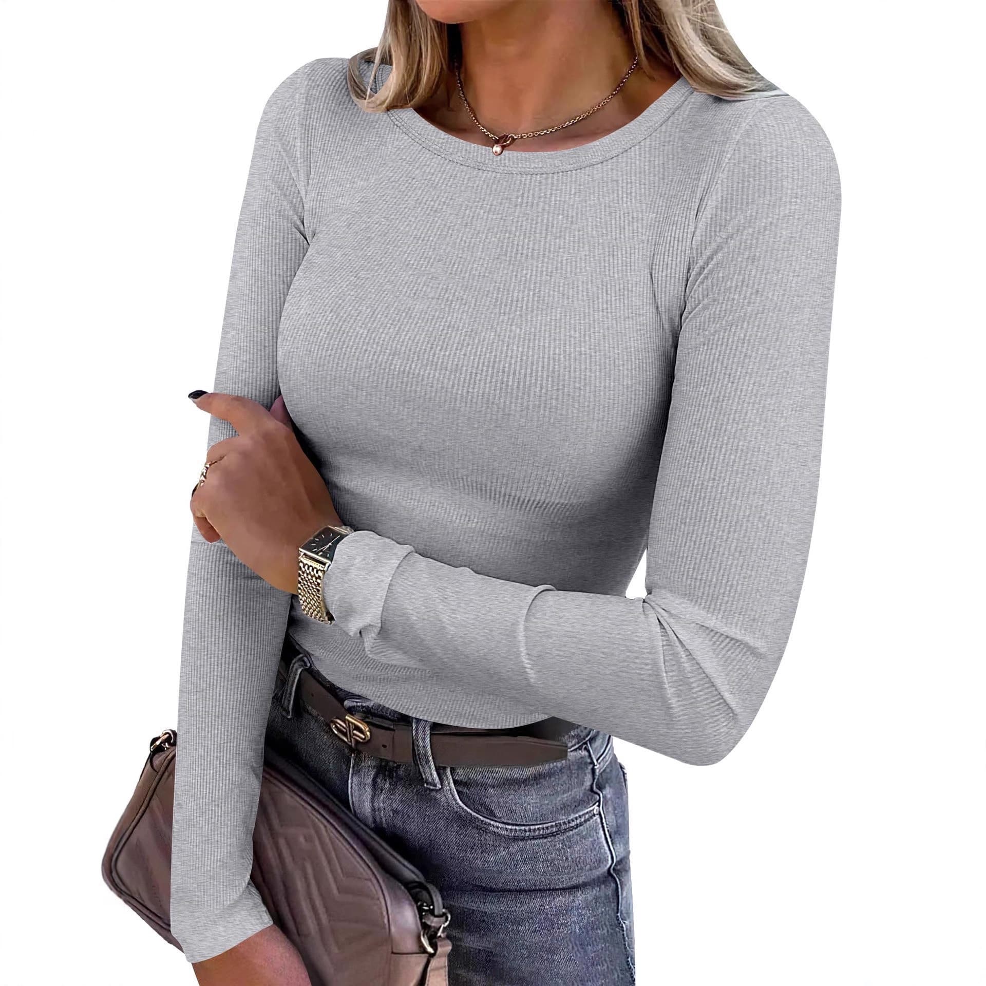 2024 Women's Long Sleeve Round Neck Ribbed Knit Slim Fit Basic Base Shirt T-Shirt Top
