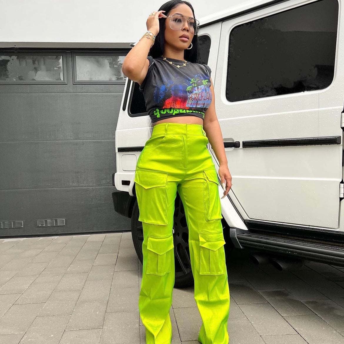 Fashion casual ladies solid color multi-pocket overalls