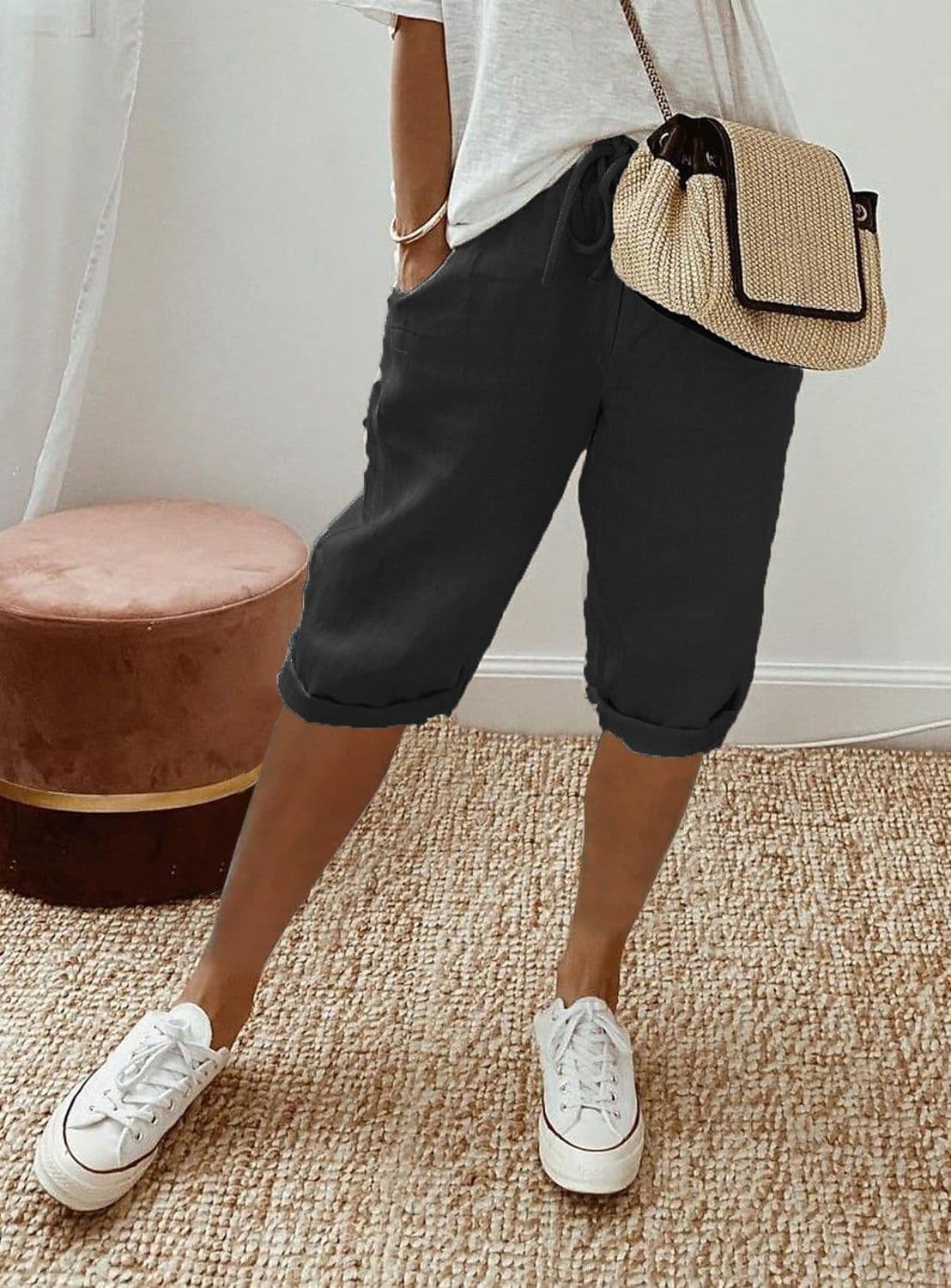 American Vintage Solid Lace Up Women's Cotton Linen Pants Elastic High Waist Wide-Leg Shorts With Pocket Streetwear Ladies Pants