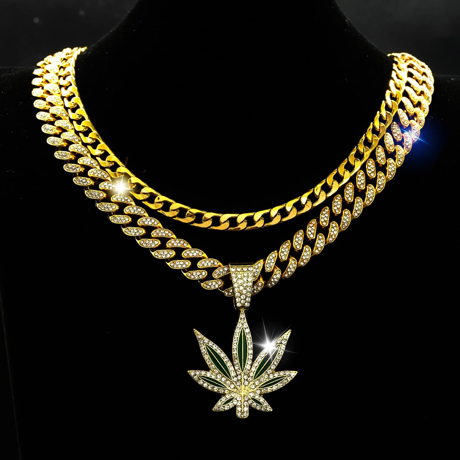 Hot Selling Fashion Hip Hop Long Stacking Maple Leaf Necklace Men And Women Street Personality Full Diamond Cuban Chain