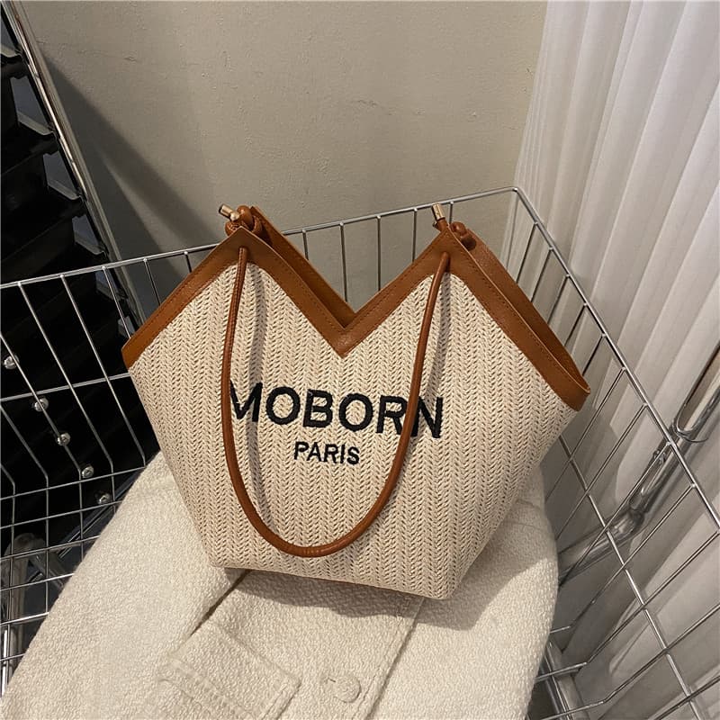 Woven Bags Straw Casual One shoulder Underarm Bag Fashionable Letter Contrast Color Casual Tote Bag