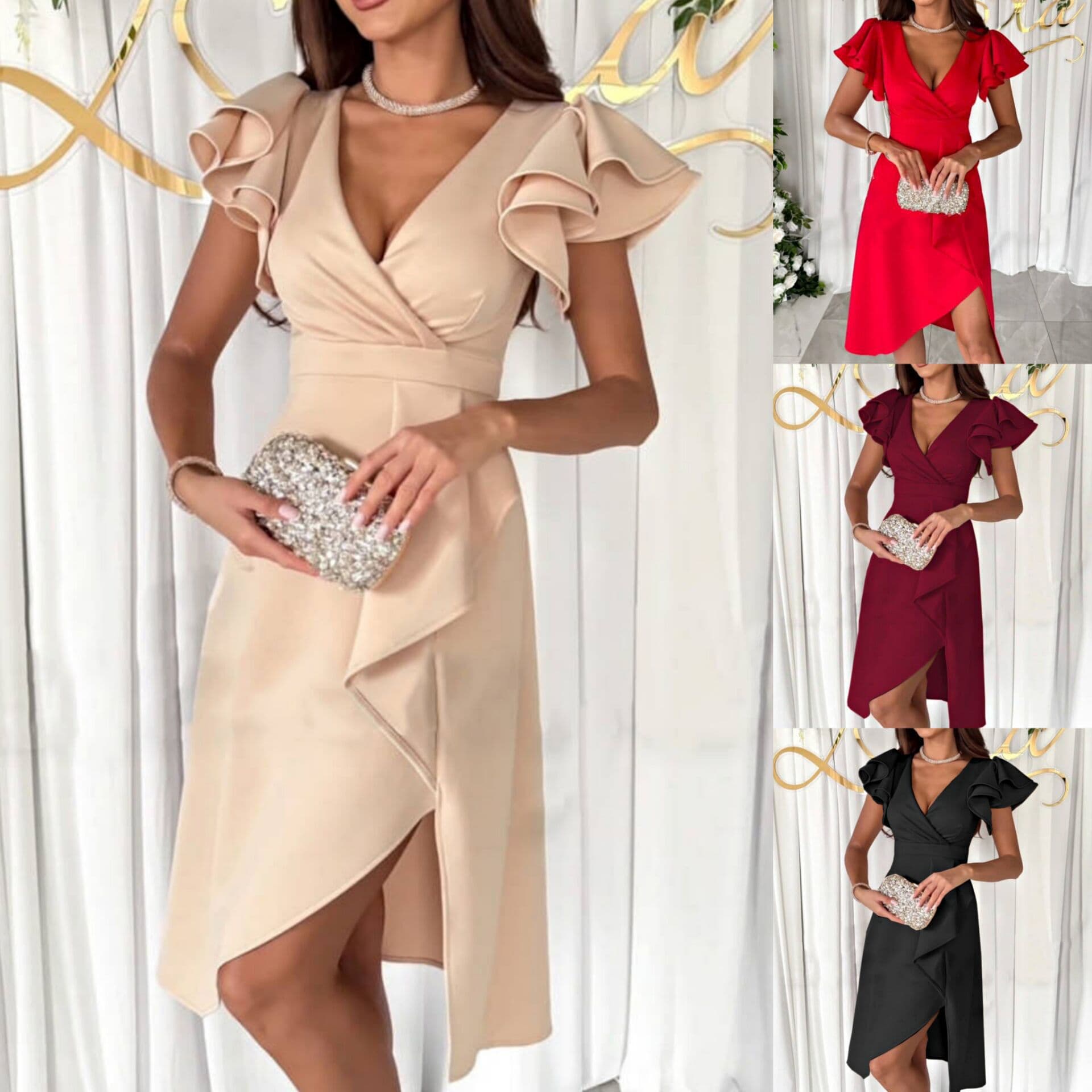 Robe asymétrique élégante à col en V et manches flottantes pour femme, couleur unie, idéale pour le bureau ou les loisirs